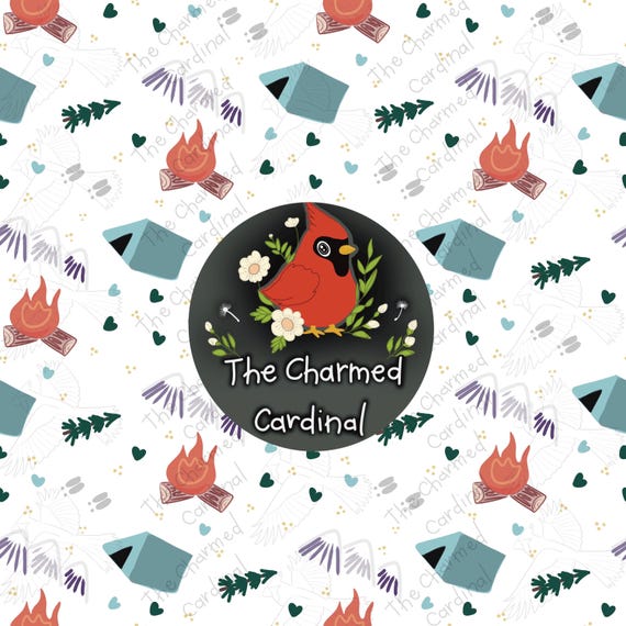 Cute Camping Theme Seamless Repeating Pattern, Print Ready, original art mountains, tents, deer tracks and campfire , PDF, JPEG, PNG, 400DPI by TheCharmedCardinal