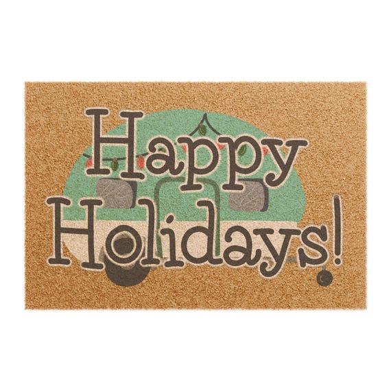 Happy Holidays Doormat - Festive Welcome Mat with Retro Camper Design by TheCharmedCardinal